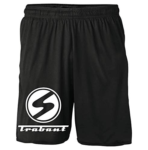 Uglyshirt89 Trabant Shorts | Kurze Hose mit Trabant 600 601 Kübel Logo & DDR Ostkult Motiv – Fanartikel für Oldtimer Liebhaber | M1 Schwarz  S