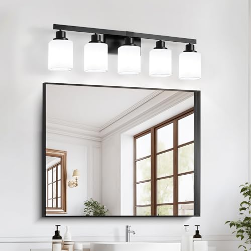 Image of 5-Light Bathroom Vanity Light, Modern Matte Black Bathroom Light Fixtures with Square Frosted Glass, Wall Sconces fixtures Over Mirror Restroom,Living Room Hallway E26
