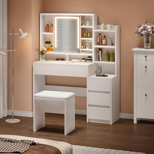 YITAHOME Schminktisch mit Spiegel und LED-Beleuchtung, Schminktische mit Hocker Schubladen und USB...