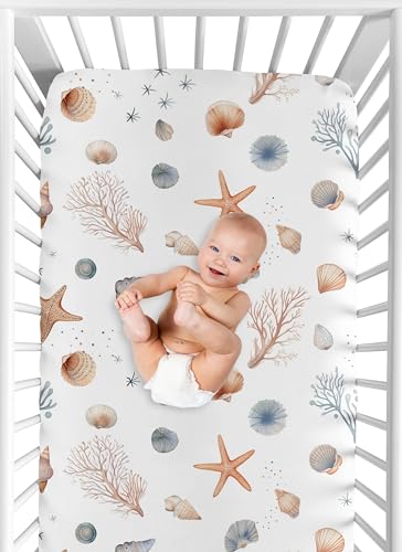 Image of Sweet Jojo Designs Fitted Baby Crib Sheets (Ocean Seashells) for Boys or Girls, Infant Nursery, Toddler Room - Standard Size (Nautical, Watercolor, Starfish, Coastal, Sea Shell, Aquatic Nature, Taupe)