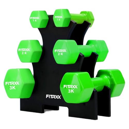Image of Fitrxx Vinyl Dumbbells With Stand | Men and Women | Non-Slippery Dumbbell for Home and Gym | Full Body Workout (Green, 1 kg, 2 kg, 3 kg = 12 Kg)