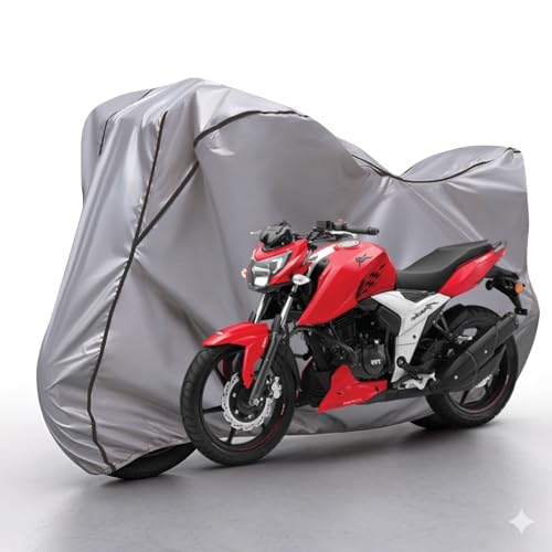 Image of Waterproof Bike Body Cover Compatible with Tvs Apache RTR 160 Dustproof Scratchproof - Motorcycle Cover for Two Wheeler, Outdoor Full Cover with UV, Duty, Rain Protection (Silver & Black) R1