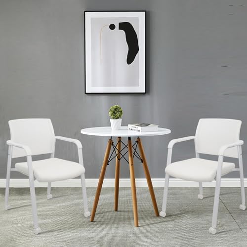 Image of CLATINA Mesh Back Guest Reception Stacking Chair with Wheels, Waiting Room Stackable Chairs with Upholstered Leather Seat & Ergonomic Lumbar Support for Office Conference School Lobby, White, 2 Pack