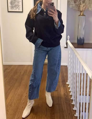 Womens Denim Lapel Sweater Oversized Long Sleeve Button Down Polo Knit Pullover Sweaters 2025 Fall Outfits4