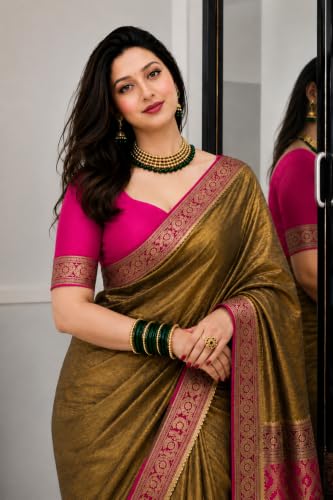 Image of Women's Glory Banarasi Satin Silk Saree with Rich Zari Woven Border & Pallu | Soft Glossy Party Fancy Traditional Saree for Wedding, Festive, Function | Blouse Piece Included