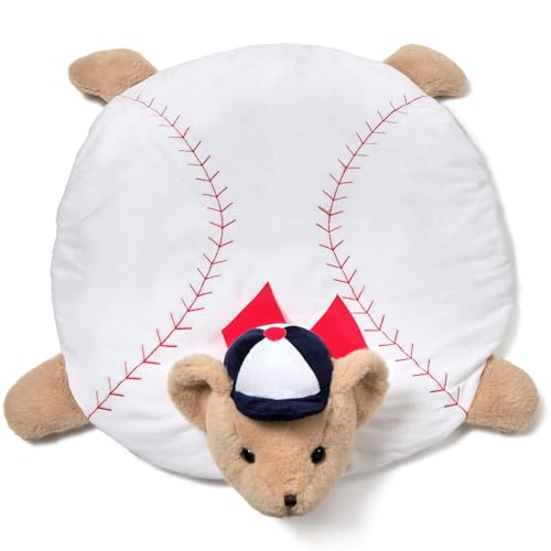 Image of Bearington Baby Lil’ Slugger Tummy Time Mat, 30 x 30 Inch Baseball Teddy Plush Stuffed Animal Blanket, Baseball Nursery Décor