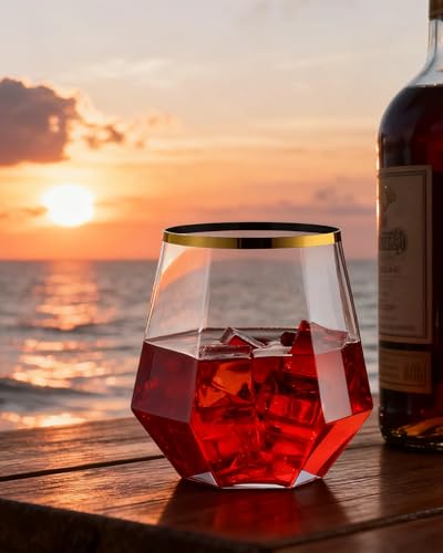 Image of BESTSTAR 40 PCS Clear & Gold Rim 12 Oz Diamond Plastic Wine Whiskey Glasses | Stemless Unbreakable Disposable Wine Glasses for Party,Ideal for Beach Holidays,Halloween, Christmas, Weddings,Daily Use