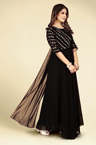 Image of ROYALICA Gown for Women - Georgette Matt Sequence Embroidery Regular Fit A-Line Gown with Attached Dupatta for Women (