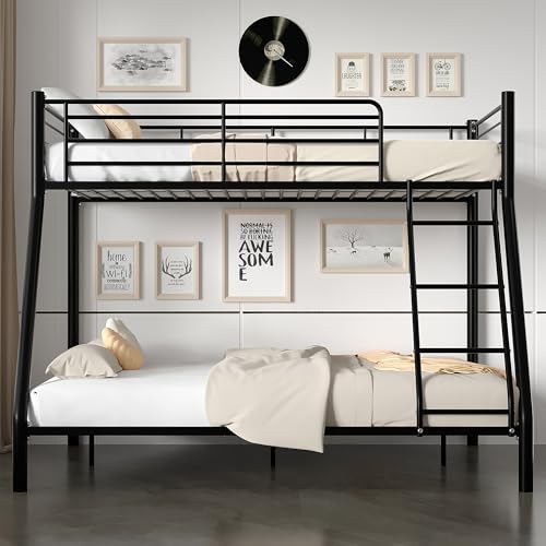 Image of VECELO Bunk Bed Twin Over Full, Metal Bunkbeds with Ladder and Full-Length Guardrail, No Box Spring Needed, Space Saving, Noise Free, Black