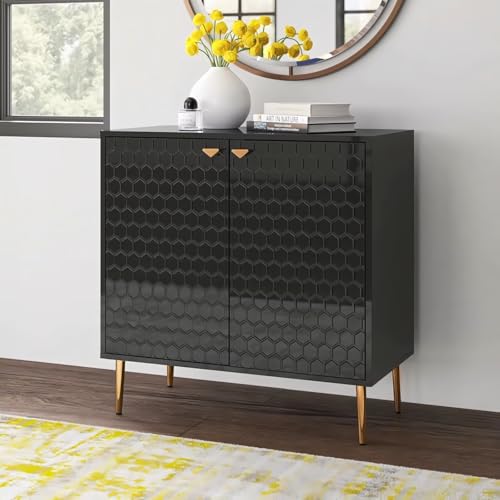 Image of Hexagon Pattern Wooden Sideboard Cabinet 2 Door Storage Unit with Metal Legs | Premium HDMR Wood Console Cabinet for Living Room, Kitchen & Dining | DIY Leg Assembly(Black)