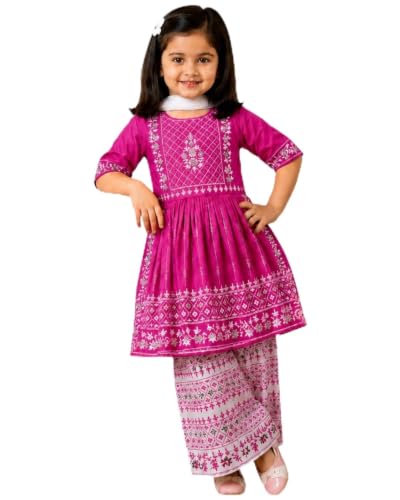 Image of Girls Embroidered Printed Kurta with Printed Palazzo Set, Ethnic Wear, 3-Piece