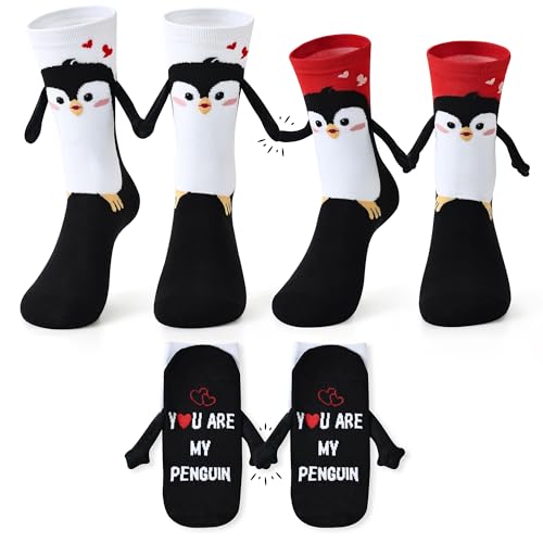 Belloxis Valentines Day Gifts for Couples Anniversary Heart Penguin Magnetic Socks Funny 3D Cotton Valentines Hand Holding Boyfriend Sock Wedding Presents Novelty Women Men Gags Ideas Accessories