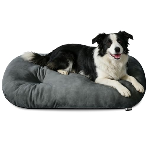 Image of Washable Oval Dog Bed for Large Dogs, High-Resilience, Dark Gray | Non-Slip Bottom Prevents Sliding, Soft Plush Short Fur, Machine Washable, Ideal for Crates /Apartments /Cozy Nooks,35 inchx22 inchx3.2 inch