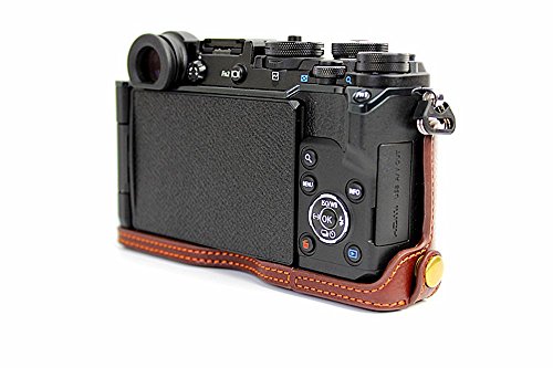 Pen-F Case, Bolinus Handmade Genuine Real Leather Half Camera Case Bag Cover For Olympus Pen-F Bottom Opening Version + Hand Strap - Coffee #TOP1