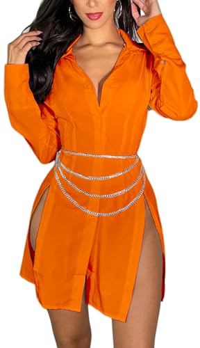 Image of Shirt Dress for Women Sexy Button Down Date Night Dresses Ruched Slit Stand Collar Long Sleeve Blouses