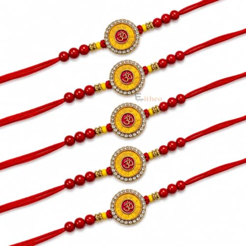 Image of EITHEO OM Rakhi for Brother, Decorative Crystal Stone Rakhi with Red Beads, Adjustable Raksha Bandhan Sacred Thread, Roli Chawal, Chandan & Mishri (Pack of 5)