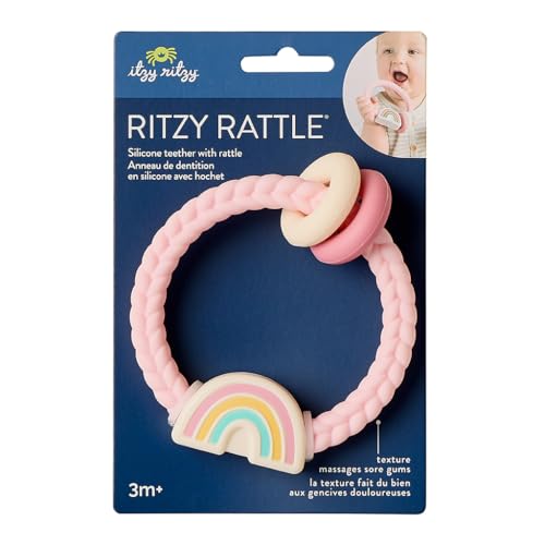 Itzy Ritzy Silicone Teether with Rattle – Rattle Teether Features Rattling Sound, Two Silicone Teething Rings and Raised Texture to Soothe Gums – Ages 3 Months and Up (Pink Rainbow) — view 4