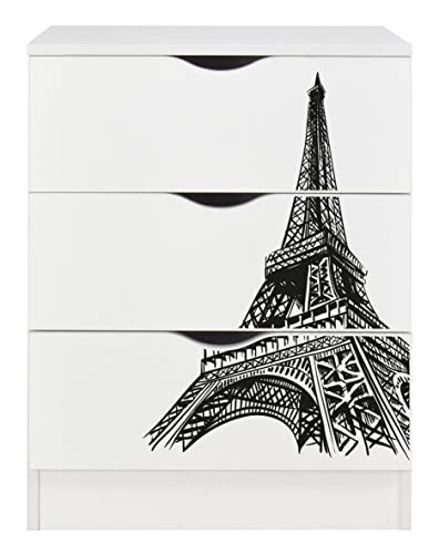 Leomark Commode en Bois avec 3 tiroirs - Roma - Meuble pour Chambre d'enfant, Meuble de Rangement, Hauteur: 78 cm, Impression UV: Tour Eiffel