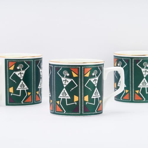 Image of GOLDEN QUEEN'S Handcrafted Tea Cups - Set of 6 | Ideal for Everyday Tea and Coffee, Enhancing Your Daily Rituals (Tribal Rhythm in Green)