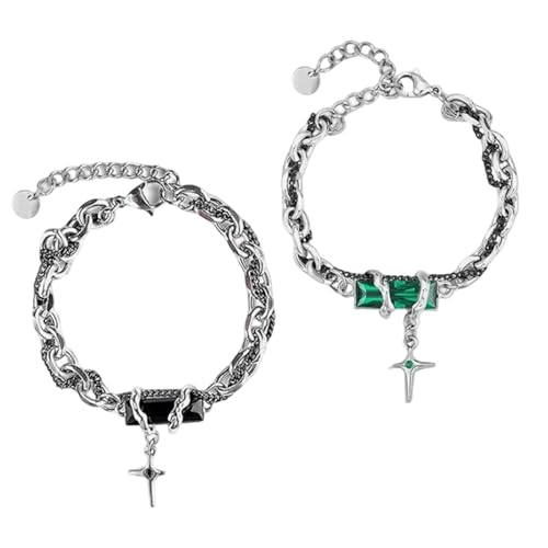 Image of 2PCS Gothic Punk Bracelet Double for Men-Linked Chain Adjustable Black Green Twisted Design Biker Jewelry Gift for Boyfriend Husband