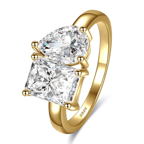 Yaresul Toi Et Moi Ring 925 Sterling Silver 14k Plated Women Engagement Ring White Gold Plated 1.5ct 6x8mm Double Stone Ring Emerald & Pear Cut Cubic Zirconia Wedding Band Width Band 2mm Size 8