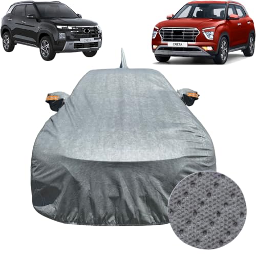Image of Car Cover Compatible For Hyundai Creta (2020-2026)| 100% Waterproof Cover with Antenna & REFLECTIVE Mirror Pockets | Dustproof, Scratchproof, Heatproof Creta Car Cover|Soft Cotton Lining|GREY