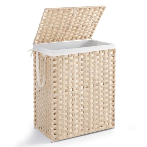 DUMOS Laundry Basket with Lid, 90L Wicker Laundry Hampers, Summer Sand