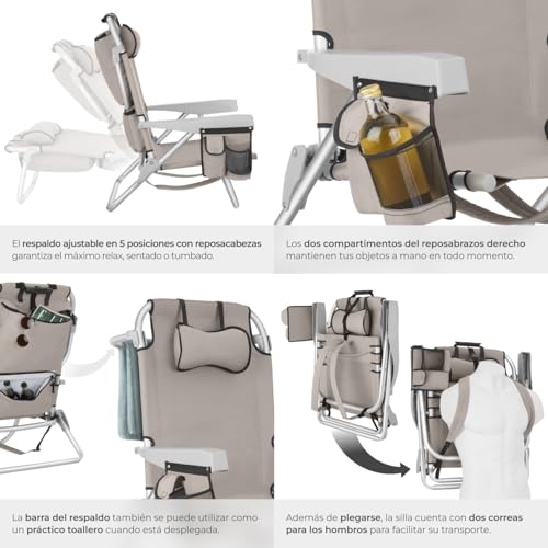 Miniatura 6 de tectake® Silla Playa Plegable con Respaldo Ajustable, Función Mochila, Silla Camping Ligera, Ideal cómo Sillas Playa o Sillas Plegables Camping para Relax - 2 Unidades Beige