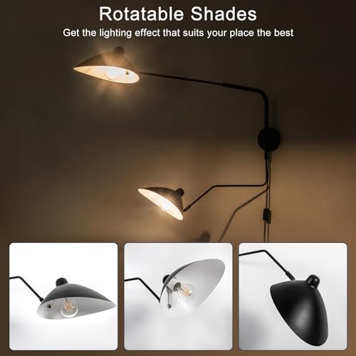 Image of Double Light Plug in Wall Sconces Long Swivel Arms Wall Light Big Wall Mount Light for Living Room Bedroom Modern Big Wall Lamp