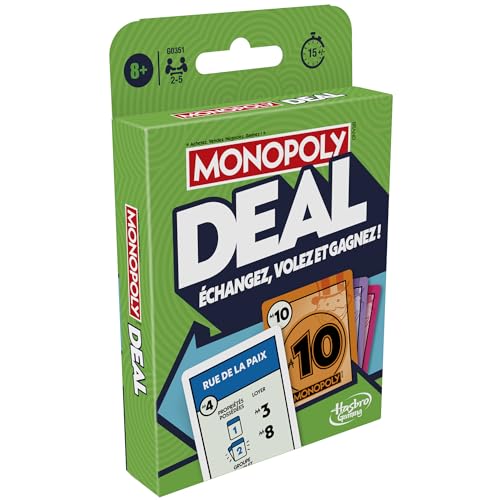 Monopoly Deal, Jeu de Cartes Rapide Inspiré du Jeu de Société Classique, Idée Cadeau d'anniversaire pour Garçons et Filles, Enfants et Familles, Dès 8 Ans