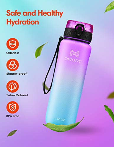 OMORC Sports Water Bottle with time marker-32oz, Fruit Infuser BPA Free Tritan Plastic Drinking Bottle with Locking Flip Lid, One-Handed Open Fitness Workout Water Bottle with Filter Blue