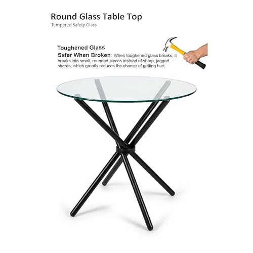 Image of Round Glass Dining Table 30 Inch Diameter with 10 mm Toughened Clear Glass Top Folding Stainless Steel Grade 202 Frame Compact Table for Kitchen Dining Room Balcony Cafe (Black Powder Coated)