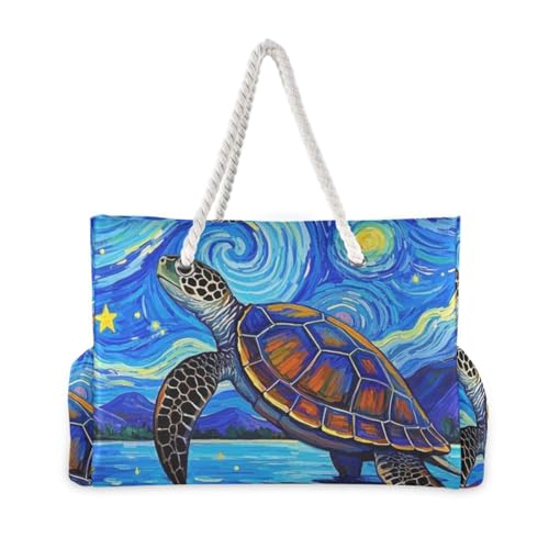Blue Art Star Turtle Blue Large Capacity Carry On Tote with side pocketes Outdoor Tote Bag with cup holders on the side2
