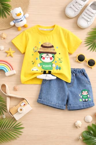 Image of Bold N Elegant Kids Half Sleeve 3D Cartoon Tiger Cotton T-Shirt with Denim Shorts Summer CLothing Set for Infant Toddler Preschool Boys n Girls | Cook Outfit For Kids