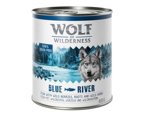 Wolf of Wilderness Adult Classic 6 x 800g Blue River Fish Complete Grain-free Premium Wet Dog Food Wolf Natural Eating Habit Only One Source Animal Protein Enriched with Fruits of Forest & Wild Herbs