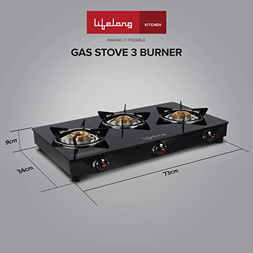 Image of Lifelong LLGS18 Glass Top 3 Burner Gas Stove, Manual Ignition, LPG Compatible, Black (ISI Certified, Door Step Service, 1 Year Warranty) (Pack of 2)