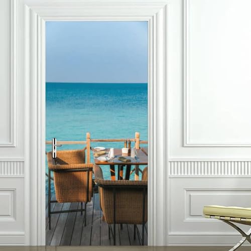 Tizhweqo Pegatina Puerta Océano Pegatinas para Puertas Océano Adhesivo Vinilo 3D Puerta Pegatina Pared Murales Papel Pintado Poster para Sala de Baño Decorativos 90x200 cm 4578a