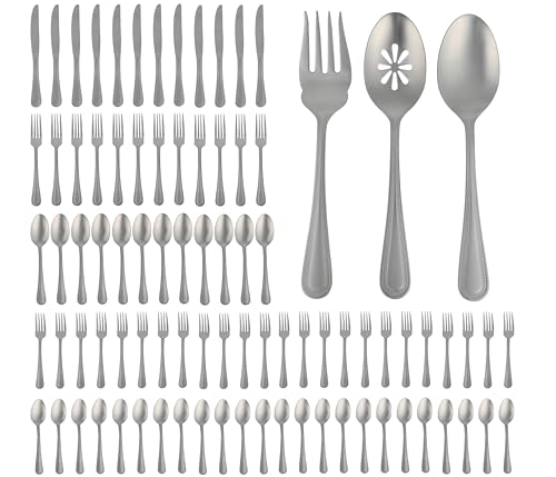 Image of Gibson Home Sinta 87-Piece Stainless Steel Flatware Set with Bead Border Design - Service for 12 Plus Serving Utensils, Polished Silverware, Dishwasher Safe