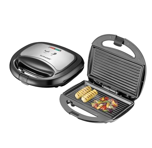 Sonashi 2 Slice Non-Stick Sandwich Grill SGT-853N Stainless Steel Sandwich Maker with Handle Locking System Indicator Light Overheat Protection | Kitchen Appliances