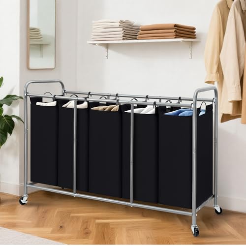 Image of STORAGE MANIAC 5 Section Laundry Sorter, 5 Bins Rolling Separator Laundry Basket, Dirty Clothes Hamper Divider with Heavy Duty Lockable Wheels, Large Clothes Organizer Cart, Black