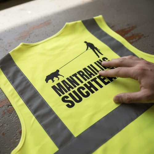 Warnweste Hund personalisiert – Mantrailing Sicherheitsweste neongelb XL – mit Namen/Team bedruckt, reflektierend & leicht – modischer Look für Hundeführer, Hundesport & Spaziergang
