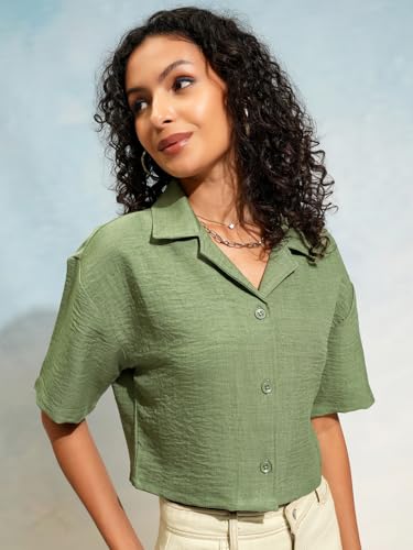 Image of Tokyo Talkies Women's Boxy Shirts | Solid | Short Sleeves | Cuban Collar