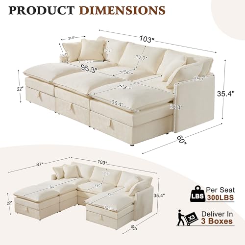 Image of Ihanherry Oversized Sectional Sofa Bed with Storage, 103 inch 6-Seater Modular Cloud Couch with Movable Ottomans, Chenille Deep Seat Sleeper Couches for Living Room (Beige)