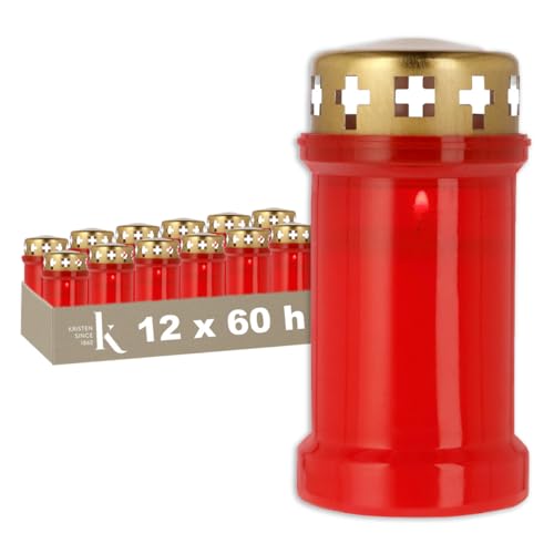 KRISTEN Lanterne funéraire extérieure traditionnelle 3D – 60 heures de combustion – Rouge – Lot de 12 pièces – Pack économique – Lumière commémorative, bougie funéraire, bougie commémorative