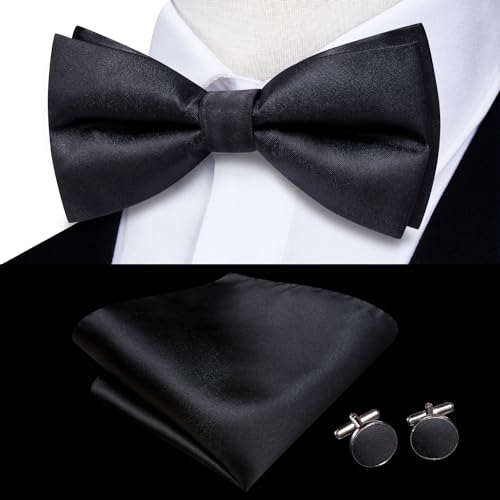 Image of Hi-Tie Pre-Tied Bowties for Men Silk Bow Ties and Pocket Square Cufflinks Set Mens Wedding Party Formal,Black