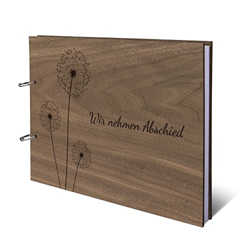Kondolenzbuch Nussbaum Holz Cover inkl. 72 Blatt | 144 Naturpapier Seiten DIN A4 quer 302 x 215 mm - Pusteblume Cover