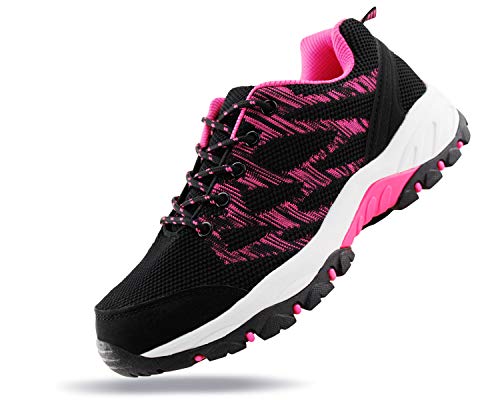 JABASIC Women Outdoor Hiking Shoes Lightweight Knit Sneakers (8,Black/Fuchsia-1)