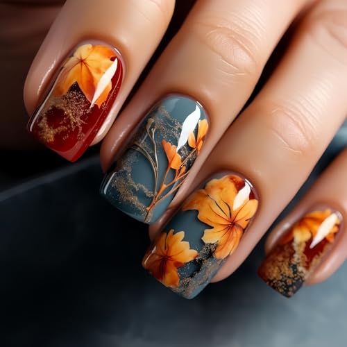 TBRZTR 24Pcs Fall Press on Nails Medium Square Thanksgiving Maple Leaf...