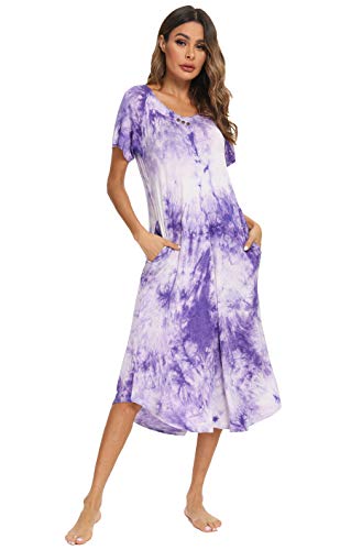 Yozly Nightgown Womens Cotton Knit Long Sleepwear Soft V Neck Loungewear S-Xxl (Tie Dye Purple, X-Large) #TOP1