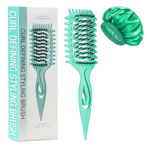 Image of Curly Hair Brush Set: Curl Defining Styling Detangler Tool With Bonnet for Wet & Dry Hair Anti-Frizz Volume & Definition Night Hair Care for Women (Green)